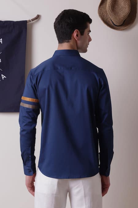 Shop Lacquer Embassy Blue Cotton Embroidery Thunder Full Sleeve Shirt at Aza Fashions Shop_Lacquer Embassy_Blue Cotton Embroidery Thunder Full Sleeve Shirt _at_Aza_Fashions