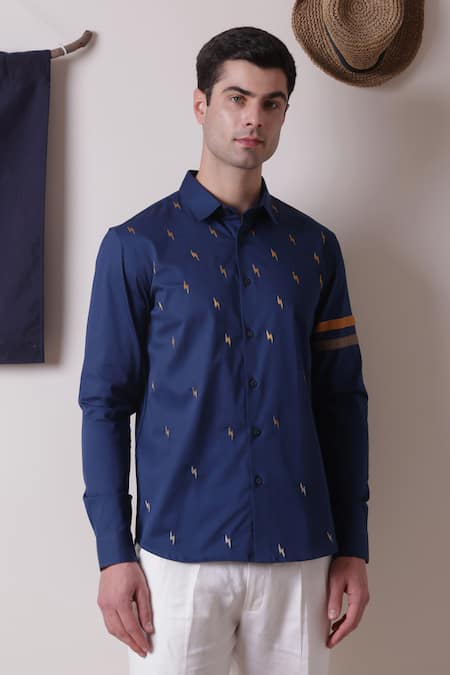 Buy Lacquer Embassy Blue Cotton Embroidery Thunder Full Sleeve Shirt Online at Aza Fashions Buy_Lacquer Embassy_Blue Cotton Embroidery Thunder Full Sleeve Shirt _Online_at_Aza_Fashions