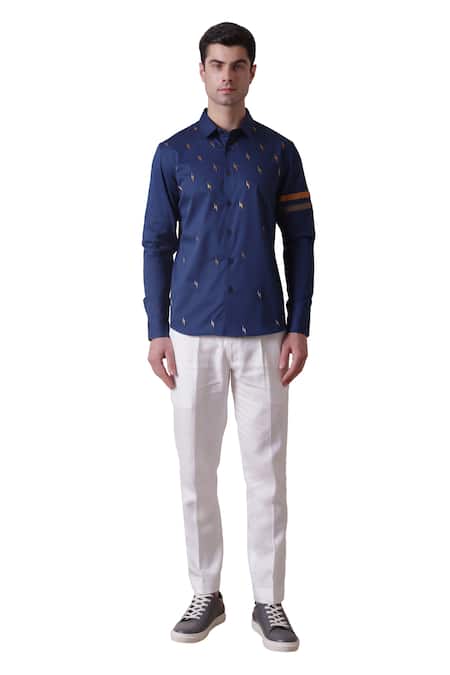 Shop Lacquer Embassy Blue Cotton Embroidery Thunder Full Sleeve Shirt Online at Aza Fashions Shop_Lacquer Embassy_Blue Cotton Embroidery Thunder Full Sleeve Shirt _Online_at_Aza_Fashions