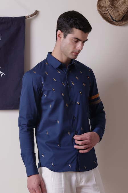 Lacquer Embassy Blue Cotton Embroidery Thunder Full Sleeve Shirt at Aza Fashions Lacquer Embassy_Blue Cotton Embroidery Thunder Full Sleeve Shirt _at_Aza_Fashions