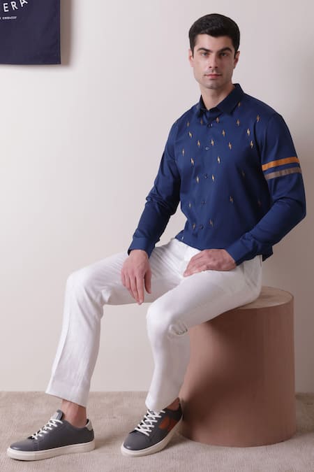 Buy Lacquer Embassy Blue Cotton Embroidery Thunder Full Sleeve Shirt Buy_Lacquer Embassy_Blue Cotton Embroidery Thunder Full Sleeve Shirt