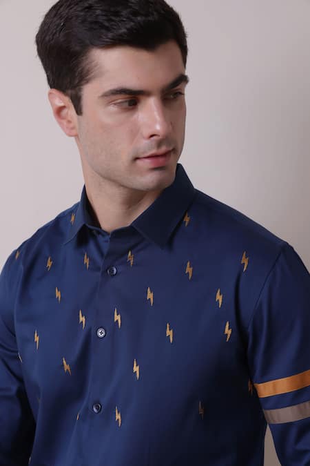 Shop Lacquer Embassy Blue Cotton Embroidery Thunder Full Sleeve Shirt Shop_Lacquer Embassy_Blue Cotton Embroidery Thunder Full Sleeve Shirt
