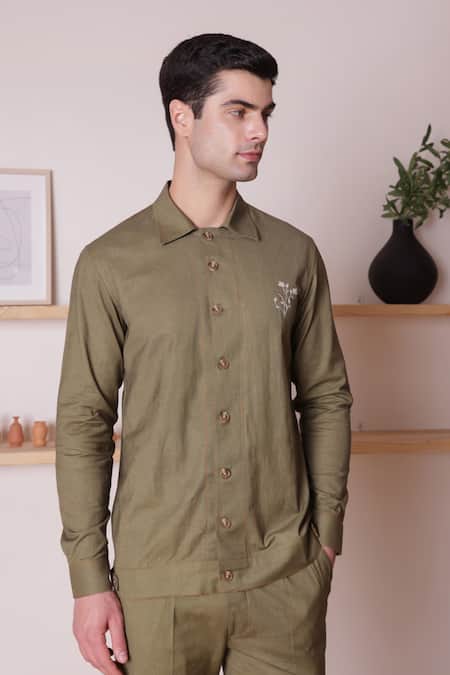 Shop Lacquer Embassy Olive Green Cotton, Linen Embroidery Grove Placement Thread Shirt at Aza Fashions Shop_Lacquer Embassy_Olive Green Cotton, Linen Embroidery Grove Placement Thread Shirt _at_Aza_Fashions