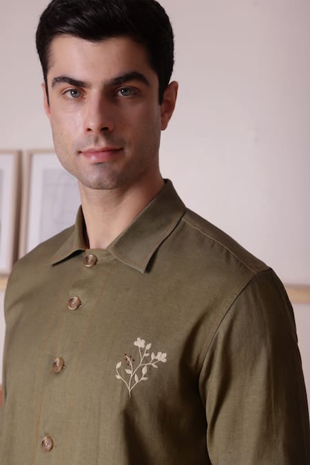 Lacquer Embassy Olive Green Cotton, Linen Embroidery Grove Placement Thread Shirt Online at Aza Fashions Lacquer Embassy_Olive Green Cotton, Linen Embroidery Grove Placement Thread Shirt _Online_at_Aza_Fashions