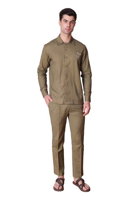 Buy Lacquer Embassy Olive Green Cotton, Linen Embroidery Grove Placement Thread Shirt Online at Aza Fashions Buy_Lacquer Embassy_Olive Green Cotton, Linen Embroidery Grove Placement Thread Shirt _Online_at_Aza_Fashions