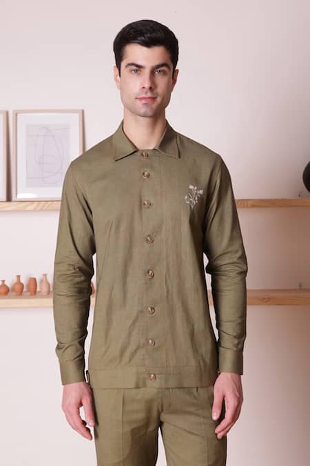 Shop Lacquer Embassy Olive Green Cotton, Linen Embroidery Grove Placement Thread Shirt Online at Aza Fashions Shop_Lacquer Embassy_Olive Green Cotton, Linen Embroidery Grove Placement Thread Shirt _Online_at_Aza_Fashions