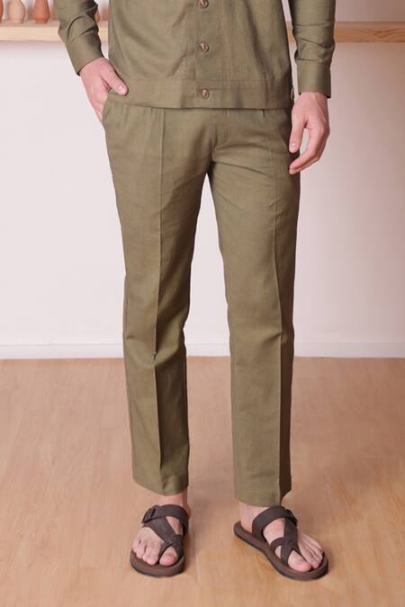 Lacquer Embassy Olive Green Cotton, Linen Embroidery Grove Placement Thread Shirt at Aza Fashions Lacquer Embassy_Olive Green Cotton, Linen Embroidery Grove Placement Thread Shirt _at_Aza_Fashions