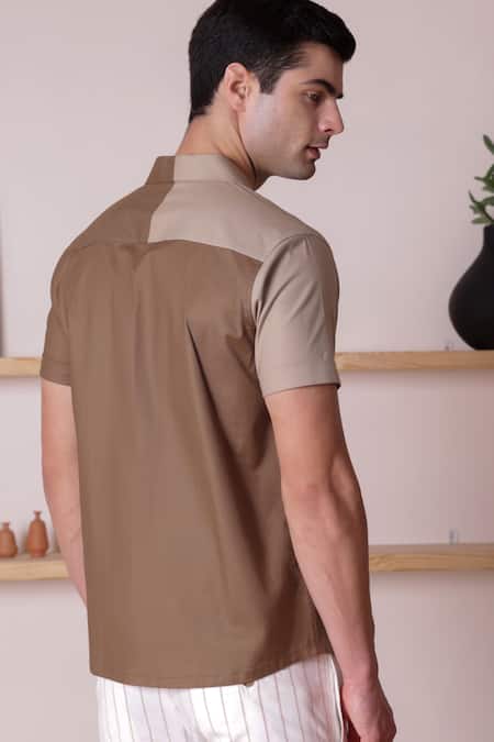 Shop Lacquer Embassy Brown Cotton Embroidery Colourblock Threadwork Abstract Shirt at Aza Fashions Shop_Lacquer Embassy_Brown Cotton Embroidery Colourblock Threadwork Abstract Shirt _at_Aza_Fashions
