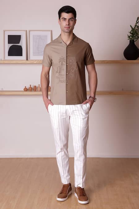 Shop Lacquer Embassy Brown Cotton Embroidery Colourblock Threadwork Abstract Shirt Online at Aza Fashions Shop_Lacquer Embassy_Brown Cotton Embroidery Colourblock Threadwork Abstract Shirt _Online_at_Aza_Fashions