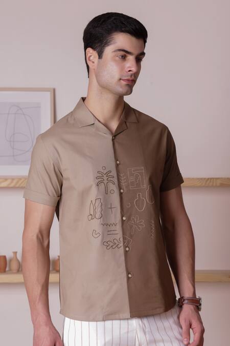 Lacquer Embassy Brown Cotton Embroidery Colourblock Threadwork Abstract Shirt at Aza Fashions Lacquer Embassy_Brown Cotton Embroidery Colourblock Threadwork Abstract Shirt _at_Aza_Fashions