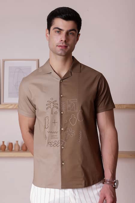 Buy Lacquer Embassy Brown Cotton Embroidery Colourblock Threadwork Abstract Shirt Buy_Lacquer Embassy_Brown Cotton Embroidery Colourblock Threadwork Abstract Shirt