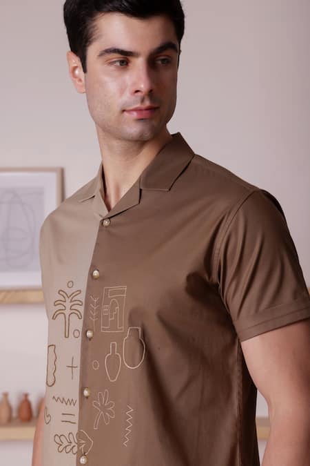 Shop Lacquer Embassy Brown Cotton Embroidery Colourblock Threadwork Abstract Shirt Shop_Lacquer Embassy_Brown Cotton Embroidery Colourblock Threadwork Abstract Shirt