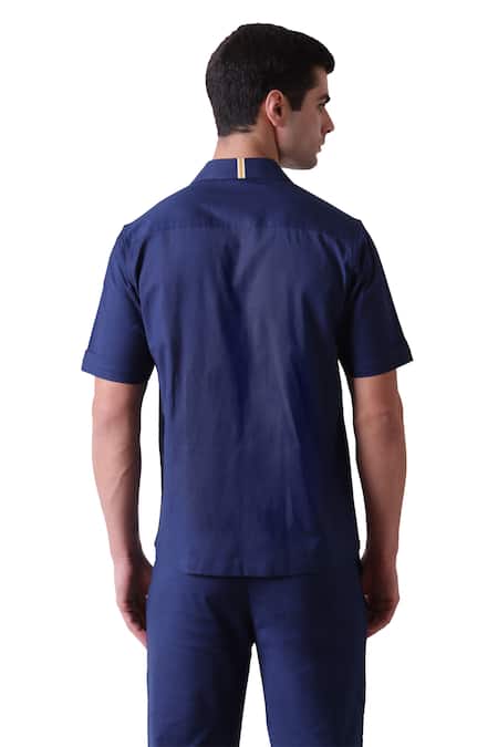 Lacquer Embassy_Blue Cotton, Linen Embroidery Threadwork Abstract Patch Pocket Shirt _Online_at_Aza_Fashions