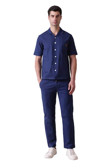 Buy_Lacquer Embassy_Blue Cotton, Linen Embroidery Threadwork Abstract Patch Pocket Shirt _Online_at_Aza_Fashions