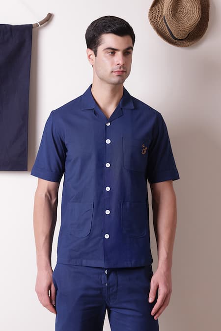 Shop_Lacquer Embassy_Blue Cotton, Linen Embroidery Threadwork Abstract Patch Pocket Shirt _Online_at_Aza_Fashions