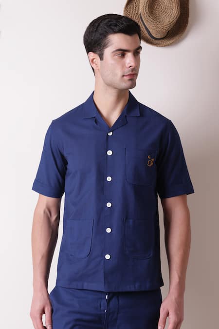 Lacquer Embassy_Blue Cotton, Linen Embroidery Threadwork Abstract Patch Pocket Shirt _at_Aza_Fashions