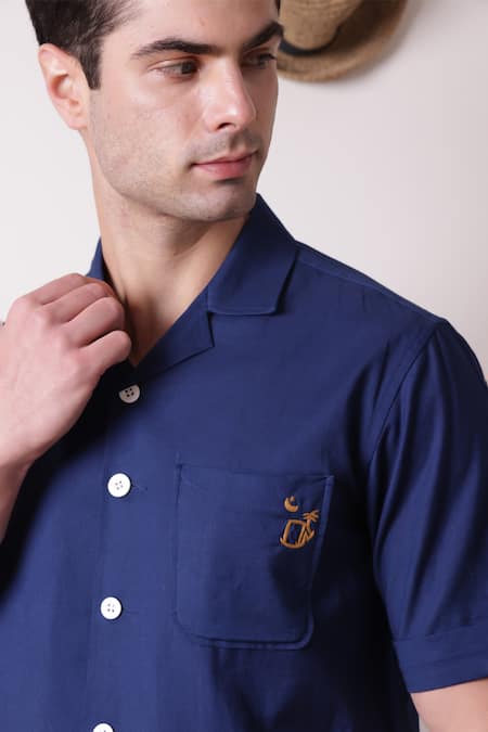 Buy_Lacquer Embassy_Blue Cotton, Linen Embroidery Threadwork Abstract Patch Pocket Shirt 