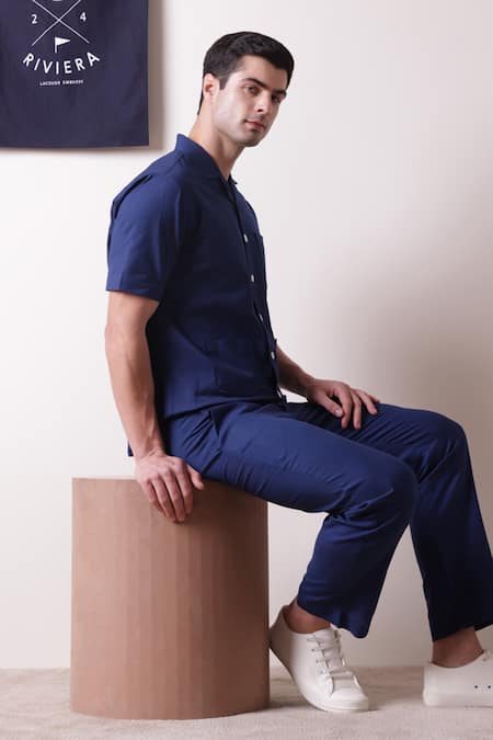 Shop_Lacquer Embassy_Blue Cotton, Linen Embroidery Threadwork Abstract Patch Pocket Shirt 