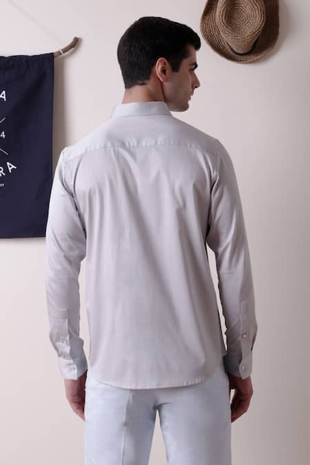 Shop Lacquer Embassy Gray Cotton Satin Colourblock Cut-out Panel Shirt at Aza Fashions Shop_Lacquer Embassy_Gray Cotton Satin Colourblock Cut-out Panel Shirt _at_Aza_Fashions