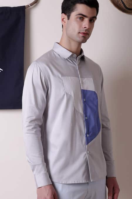 Buy Lacquer Embassy Gray Cotton Satin Colourblock Cut-out Panel Shirt Online at Aza Fashions Buy_Lacquer Embassy_Gray Cotton Satin Colourblock Cut-out Panel Shirt _Online_at_Aza_Fashions