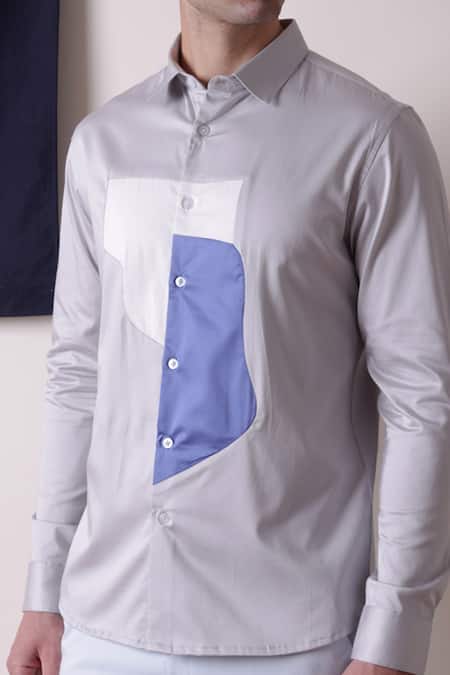 Shop Lacquer Embassy Gray Cotton Satin Colourblock Cut-out Panel Shirt Online at Aza Fashions Shop_Lacquer Embassy_Gray Cotton Satin Colourblock Cut-out Panel Shirt _Online_at_Aza_Fashions