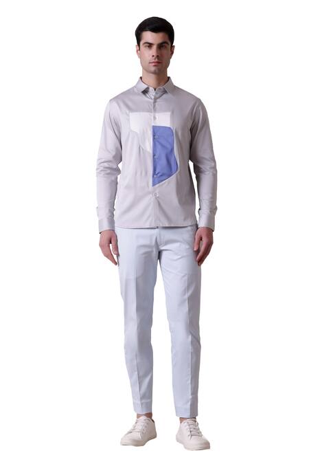 Lacquer Embassy Gray Cotton Satin Colourblock Cut-out Panel Shirt at Aza Fashions Lacquer Embassy_Gray Cotton Satin Colourblock Cut-out Panel Shirt _at_Aza_Fashions