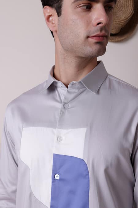 Buy Lacquer Embassy Gray Cotton Satin Colourblock Cut-out Panel Shirt Buy_Lacquer Embassy_Gray Cotton Satin Colourblock Cut-out Panel Shirt