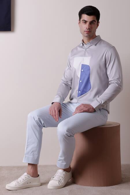 Shop Lacquer Embassy Gray Cotton Satin Colourblock Cut-out Panel Shirt Shop_Lacquer Embassy_Gray Cotton Satin Colourblock Cut-out Panel Shirt