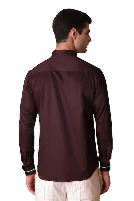 Lacquer Embassy_Maroon Cotton Satin Embroidery Embellished Trim Stand Collar Shirt _Online_at_Aza_Fashions