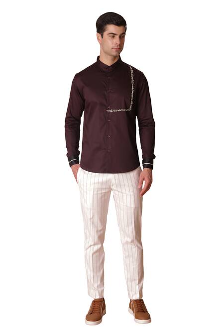 Buy_Lacquer Embassy_Maroon Cotton Satin Embroidery Embellished Trim Stand Collar Shirt _Online_at_Aza_Fashions