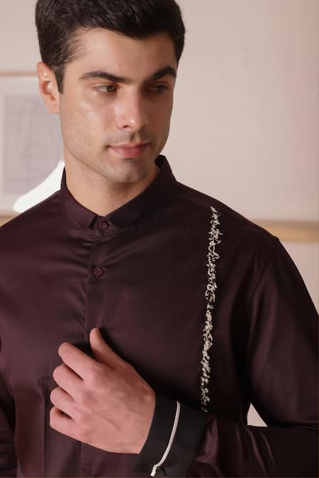 Shop_Lacquer Embassy_Maroon Cotton Satin Embroidery Embellished Trim Stand Collar Shirt _Online_at_Aza_Fashions