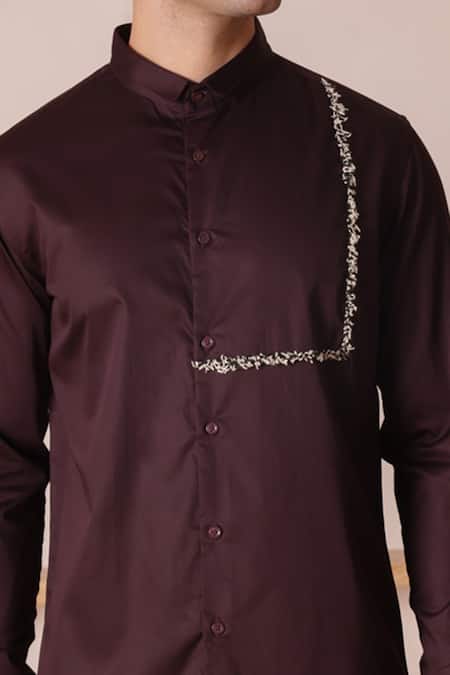 Lacquer Embassy_Maroon Cotton Satin Embroidery Embellished Trim Stand Collar Shirt _at_Aza_Fashions