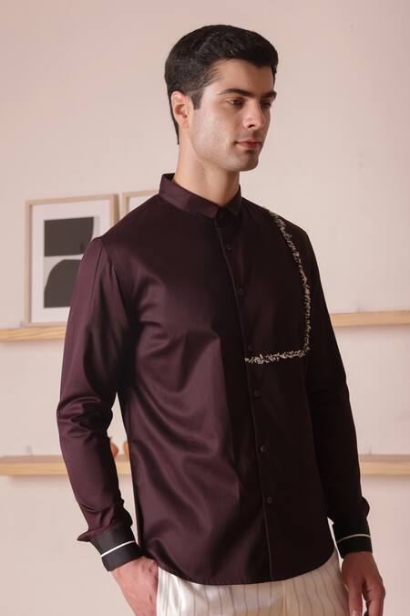 Buy_Lacquer Embassy_Maroon Cotton Satin Embroidery Embellished Trim Stand Collar Shirt 