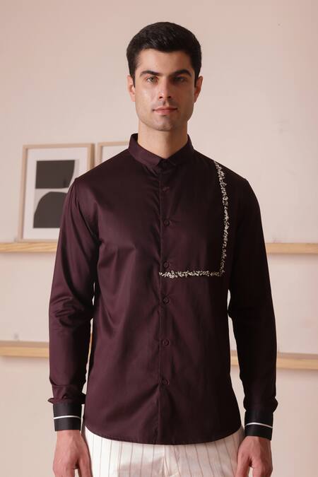 Shop_Lacquer Embassy_Maroon Cotton Satin Embroidery Embellished Trim Stand Collar Shirt 