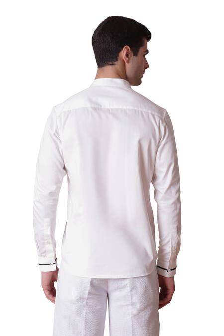 Lacquer Embassy_Off White Cotton Satin Embroidery Threadwork Pineapple Motif Shirt _Online_at_Aza_Fashions