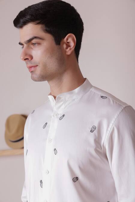 Buy_Lacquer Embassy_Off White Cotton Satin Embroidery Threadwork Pineapple Motif Shirt _Online_at_Aza_Fashions