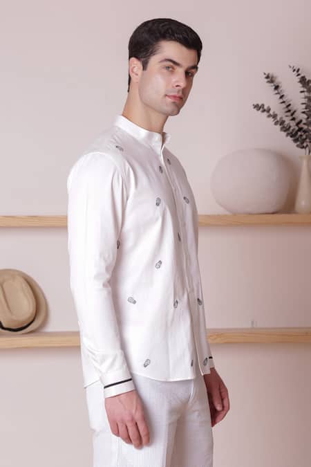 Lacquer Embassy_Off White Cotton Satin Embroidery Threadwork Pineapple Motif Shirt _at_Aza_Fashions