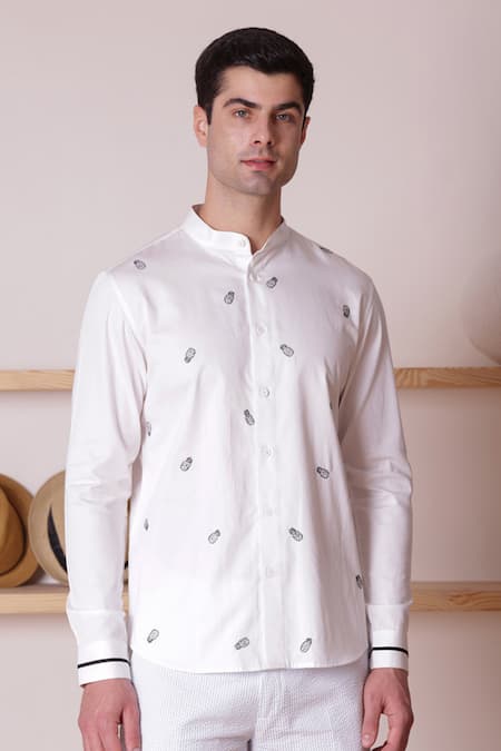 Buy_Lacquer Embassy_Off White Cotton Satin Embroidery Threadwork Pineapple Motif Shirt 
