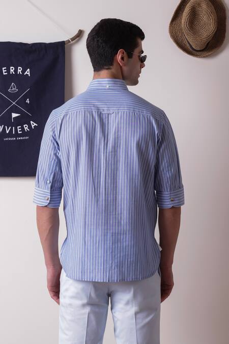 Shop_Lacquer Embassy_Blue Cotton Stripes Rivera Shirt  _at_Aza_Fashions