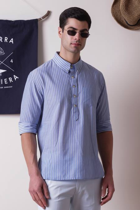 Lacquer Embassy_Blue Cotton Stripes Rivera Shirt  _Online_at_Aza_Fashions