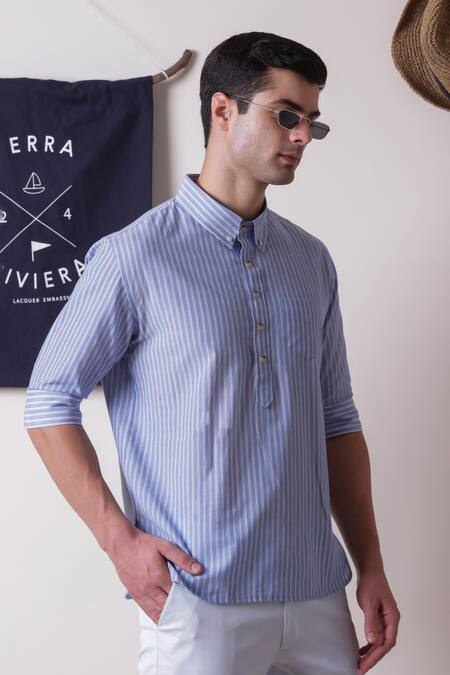 Shop_Lacquer Embassy_Blue Cotton Stripes Rivera Shirt  _Online_at_Aza_Fashions
