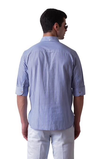 Lacquer Embassy_Blue Cotton Stripes Rivera Shirt  _at_Aza_Fashions