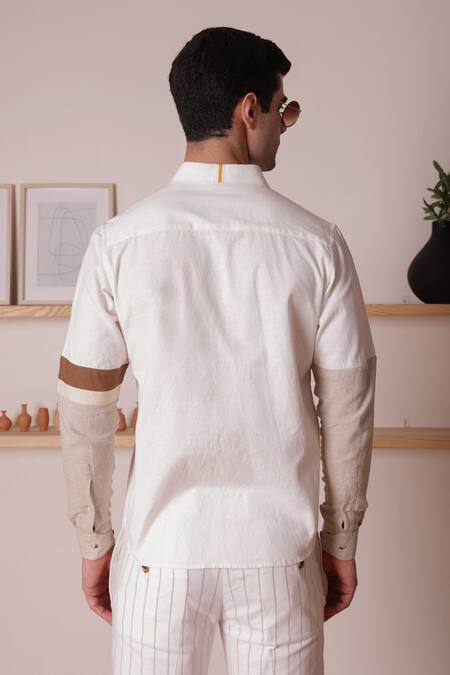 Shop_Lacquer Embassy_White Cotton Linen Threadwork Seges Colourblock Sleeve Shirt  _at_Aza_Fashions