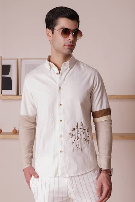 Lacquer Embassy_White Cotton Linen Threadwork Seges Colourblock Sleeve Shirt  _Online_at_Aza_Fashions