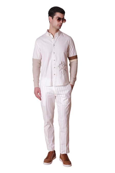 Buy_Lacquer Embassy_White Cotton Linen Threadwork Seges Colourblock Sleeve Shirt  _Online_at_Aza_Fashions