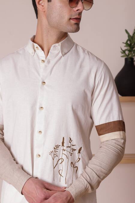 Shop_Lacquer Embassy_White Cotton Linen Threadwork Seges Colourblock Sleeve Shirt  _Online_at_Aza_Fashions