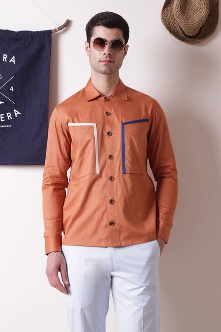 Shop_Lacquer Embassy_Orange Cotton Plain Tartine Shirt  _Online_at_Aza_Fashions