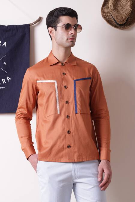 Lacquer Embassy_Orange Cotton Plain Tartine Shirt  _at_Aza_Fashions