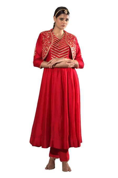 Vikabyarvindampula Red Chanderi, Crepe, Cotton Sequins, Embroidery Yoke Jacket With Kurta Set Online at Aza Fashions Vikabyarvindampula_Red Chanderi, Crepe, Cotton Sequins, Embroidery Yoke Jacket With Kurta Set _Online_at_Aza_Fashions