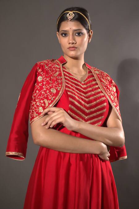Shop Vikabyarvindampula Red Chanderi, Crepe, Cotton Sequins, Embroidery Yoke Jacket With Kurta Set Online at Aza Fashions Shop_Vikabyarvindampula_Red Chanderi, Crepe, Cotton Sequins, Embroidery Yoke Jacket With Kurta Set _Online_at_Aza_Fashions